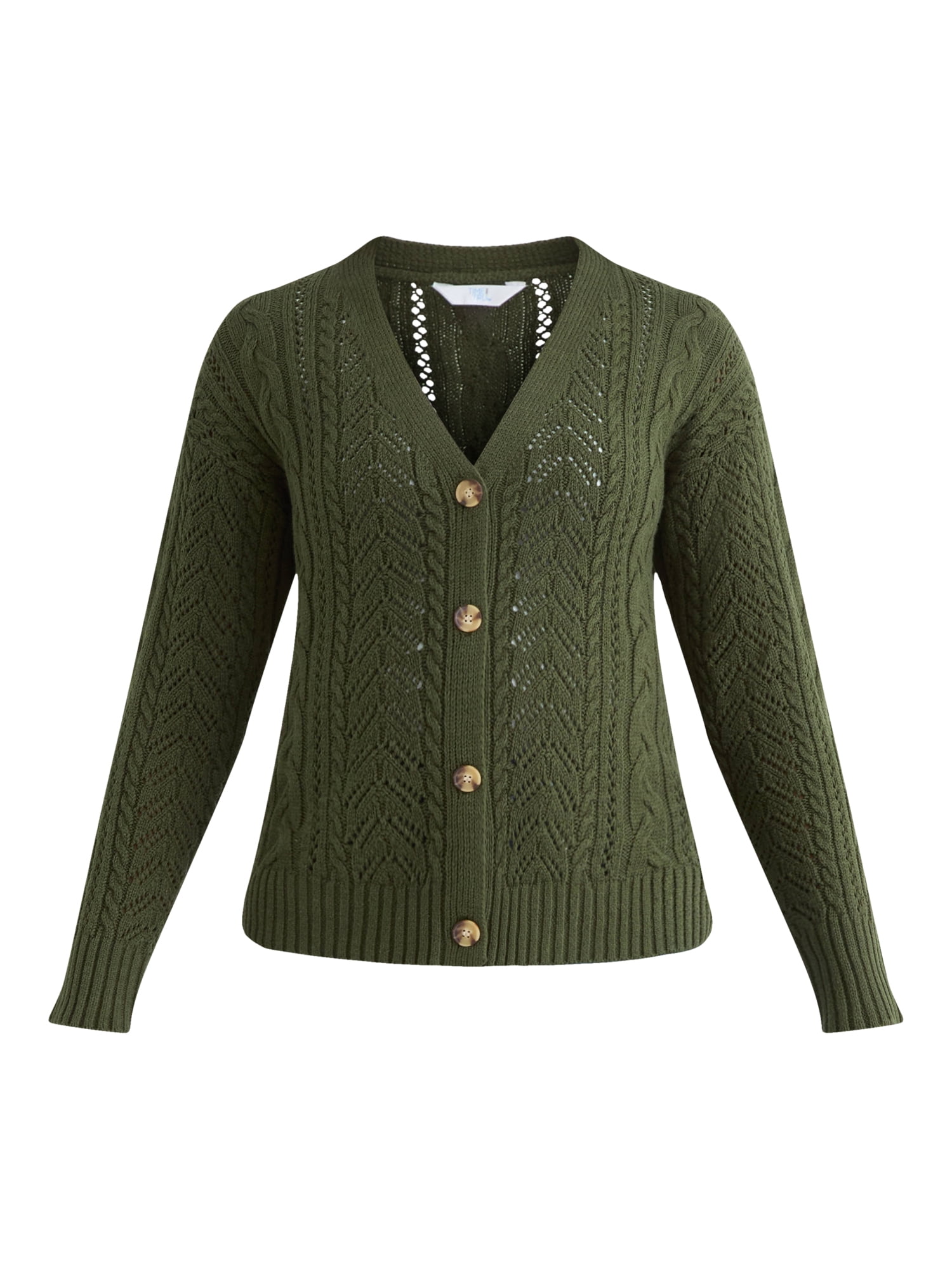 Time and Tru Women's and Women's Plus Cable Knit Cardigan Sweater, Lightweight, Sizes XS-4X