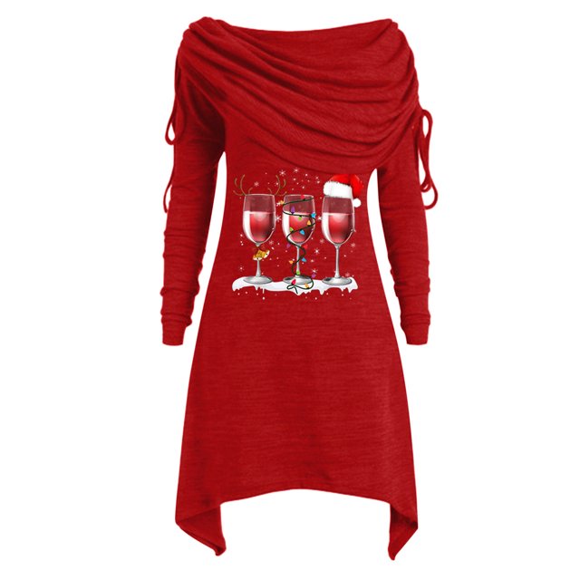 Vestido de manga larga para mujer Bufanda Cuello Vestido estampado de Navidad Vestido casual Fridja NMB180