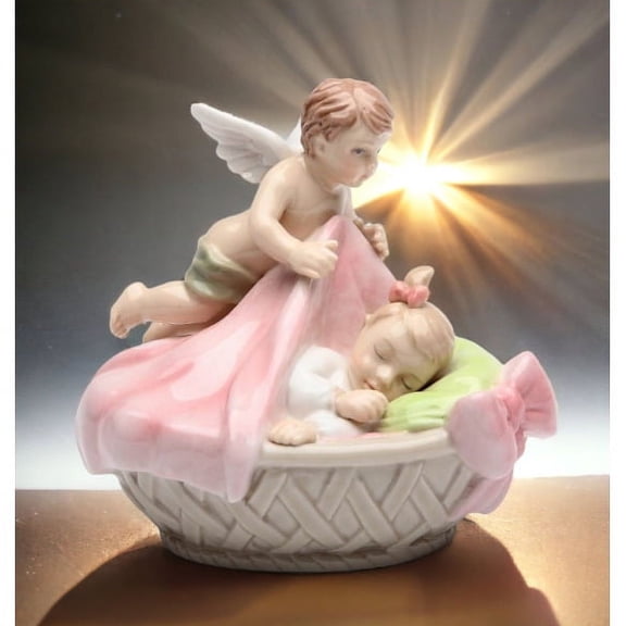 Ceramic Guardian Angel Figurine with Baby Girl 3.75in Religious Gift