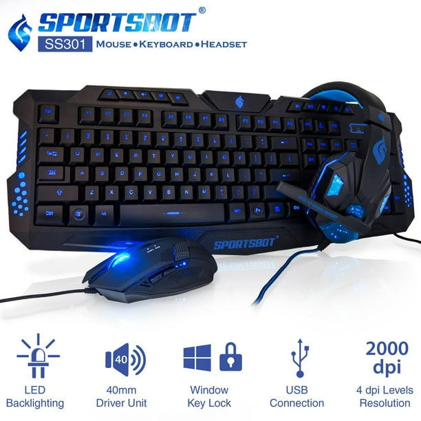 Sportsbot Ss301 Blue Led Gaming Over Ear Headset Keyboard Mouse