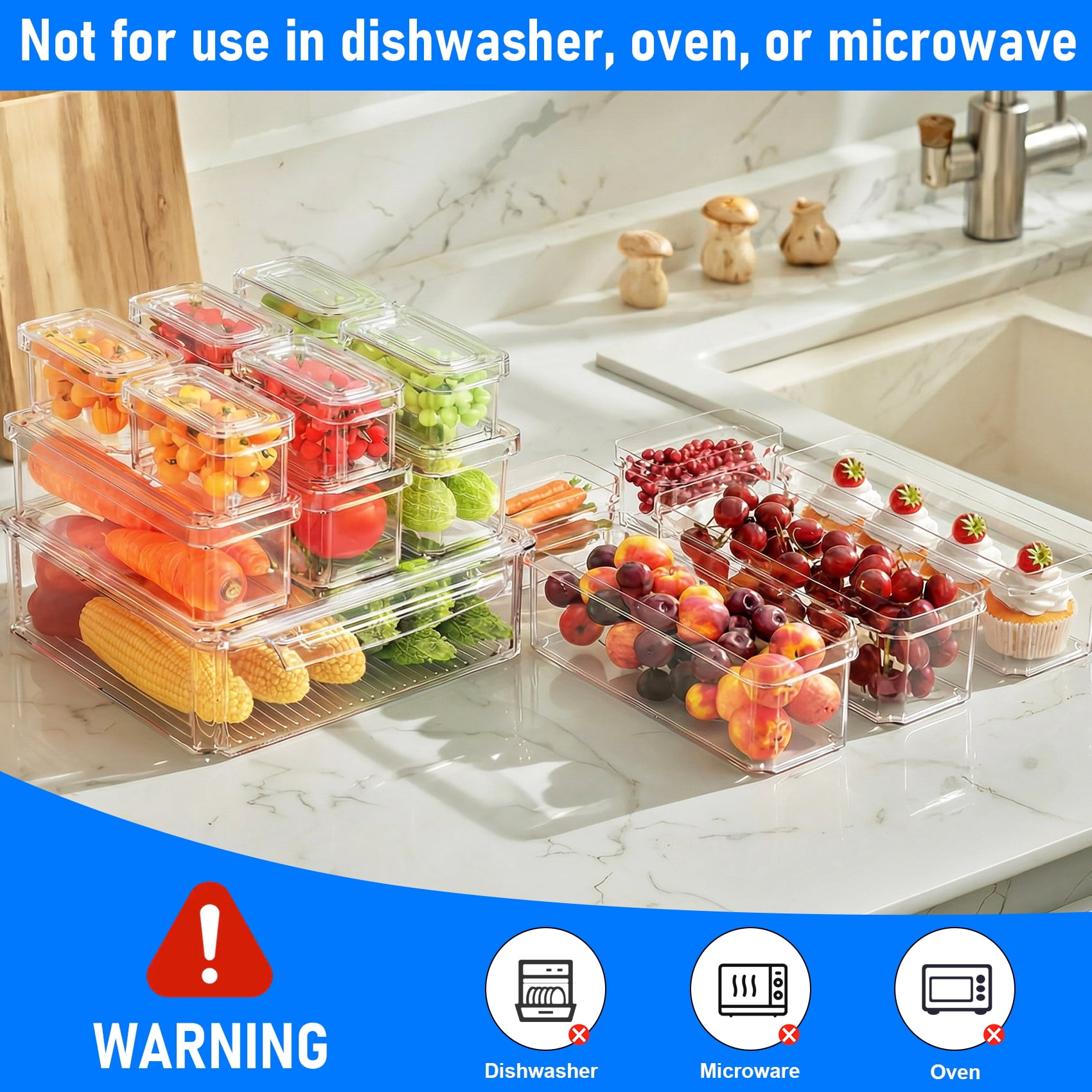10 Pack Clear Fridge Storage Bins with Lids, Stackable Food Containers with Curved Handle, Kitchen Produce Saver for Fruits, Vegetables and Meat