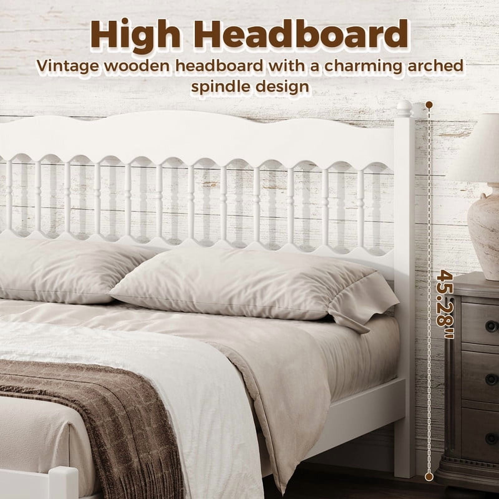 Queen Size Retro Countryside Style Wooden Bed Frame with Spindle Headboard, Low Profile Platform Bed with No Box Spring Required