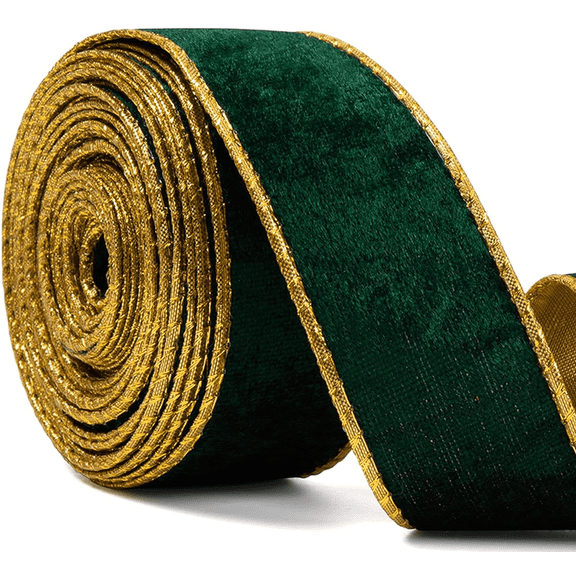 Emerald Green Velvet Wired Edge Ribbon, Gold Trim Christmas Ribbon for Holiday Tree Decorations & Gift Wrapping