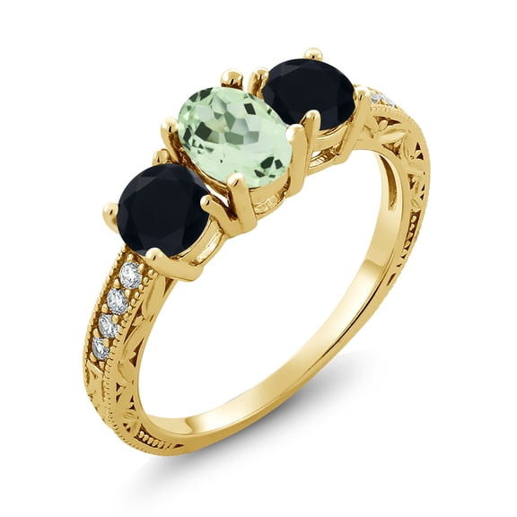 Gem Stone King 1.82 Ct Oval Green Prasiolite Black Onyx 18K Yellow Gold Plated Silver Moissanite Ring (Size 7)