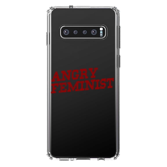 DistinctInk Clear Shockproof Hybrid Case for Samsung Galaxy S10  PLUS (6.4" Screen) - TPU Bumper Acrylic Back Tempered Glass Screen Protector - Angry Feminist