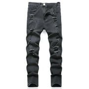 LOVZFMLL Jeans Men's Casual Denim Cotton Straight Ripped Hole Trousers Pants Full Length Pants