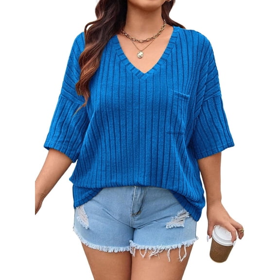 V Neck T Shirts for Women Striped Knit Half Sleeve Blouses Fashion Loose Fit Royal Blue 4XL
