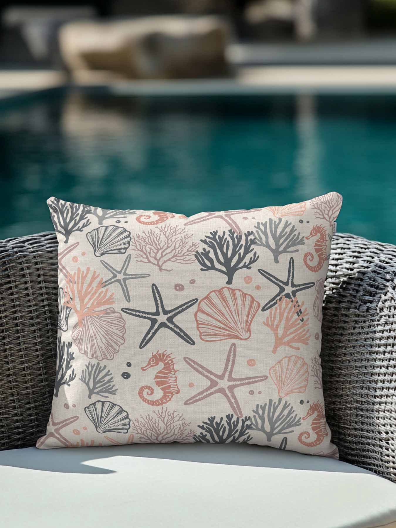 Waterproof Outdoor Throw Pillows with Inserts 16"x16",Coral Pink Grey Coastal Soft Decorative Pillowcases for Bedroom,Summer Beach Starfish Coral Nautical Rustic Pillow Covers for Sofa Living Room