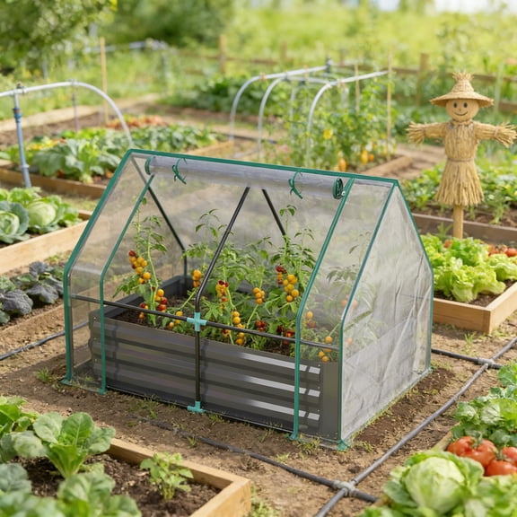 2 in 1 Raised Planter Greenhouse Galvanized Raised Garden Bed with Mini Greenhouse Cover Clear Dark Gray for Outdoor Vegetables Herbs Flowers