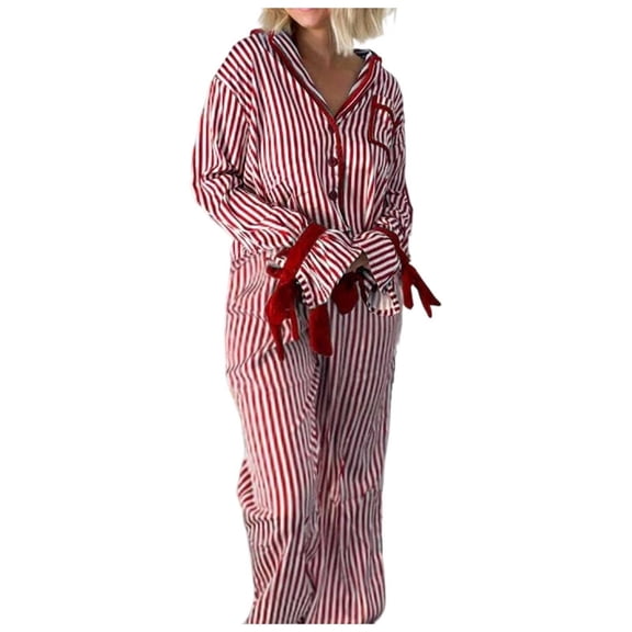CONZONE Pajamas for Women Set 2 Peice Pjs Set for Women Striped Long Sleeve Sleepwear Tops Pants Warm Cozy Sleepwear Loungewear Sets