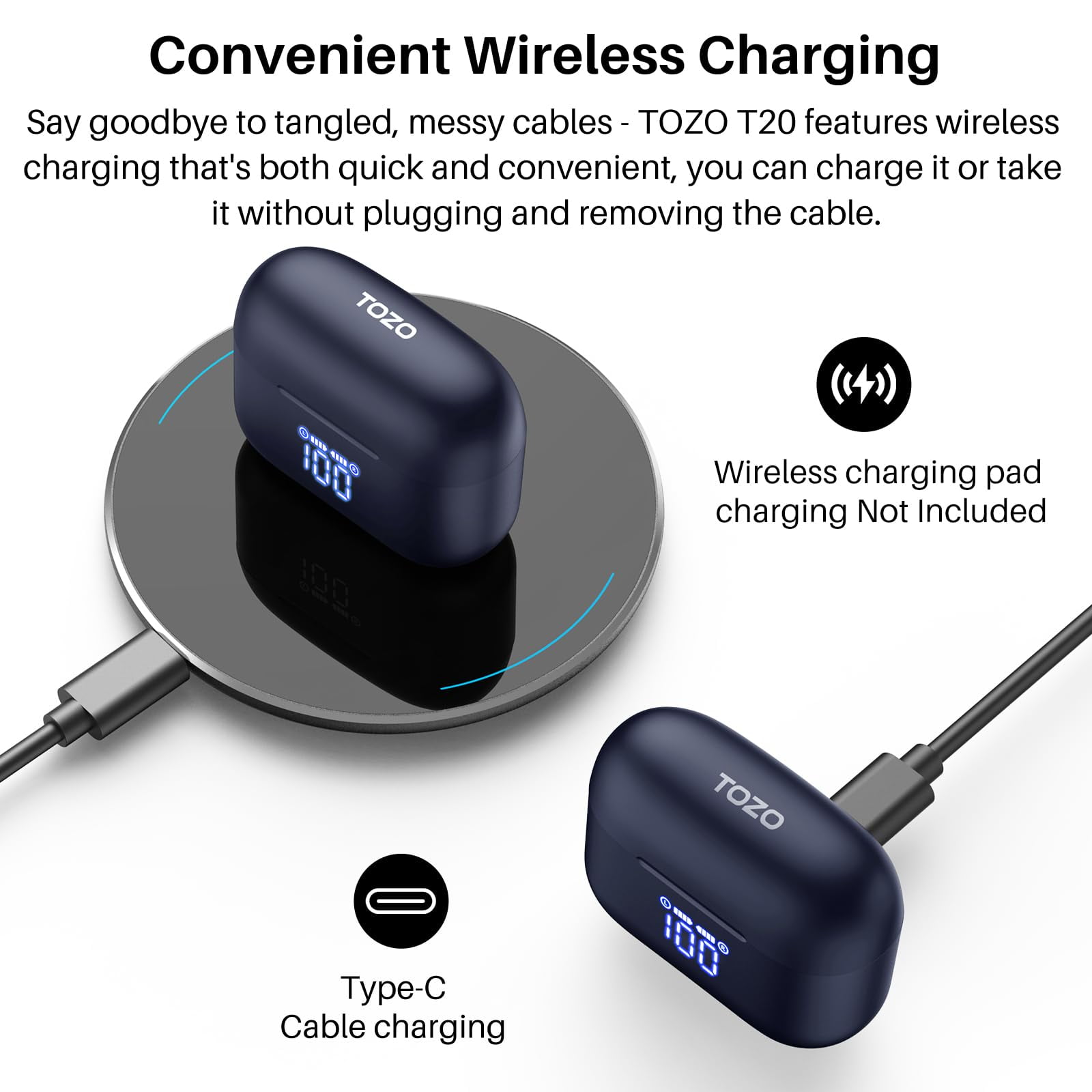 TOZO T20 Upgraded ANC+ENC Wireless Earbuds,App-Controlled 32EQ, Bluetooth 5.3,HiFi Stereo,49 Hrs Play,Wireless Charging,IPX8 Waterproof,Real-time LED Display,Comfort Fit for Home,Sports,Travel,Blue