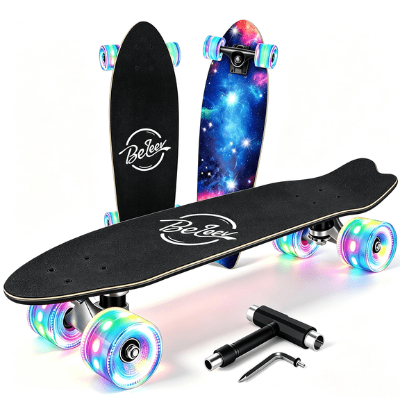 BELEEV Cruiser Skateboards for Kids and Adults, 7 Ply Canadian Maple Double Kick Concave Deck Skateboard with with Light Up Wheels, 27 x 8 inch Complete Longboard Skateboard for Beginners Boys