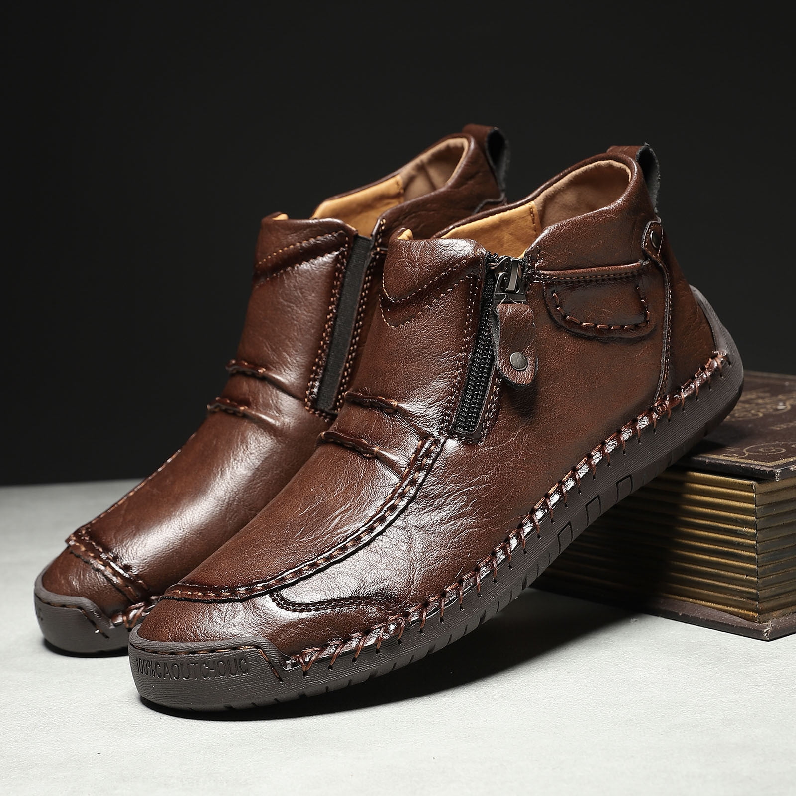Menâs -On Orthopedic Leather Boots,Menâs Handmade Leather -On Driving Boots,Men Side Zipper Orthopedic Shoes for Driving Hiking