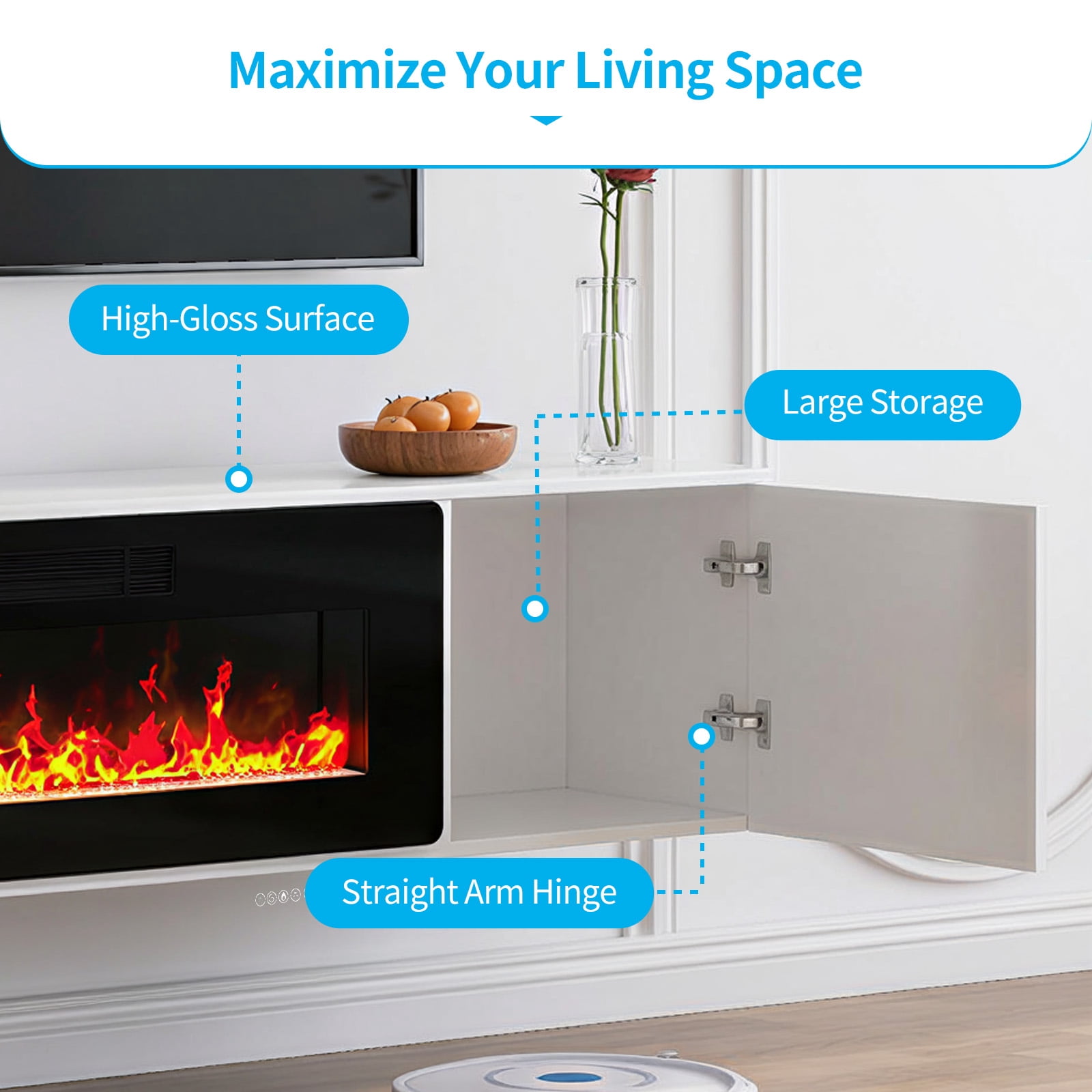 TABU 70" Floating Fireplace TV Stand with 36" Electric Fireplace,Wall Mounted TV Stand with Fireplace for TVs up to 90",White