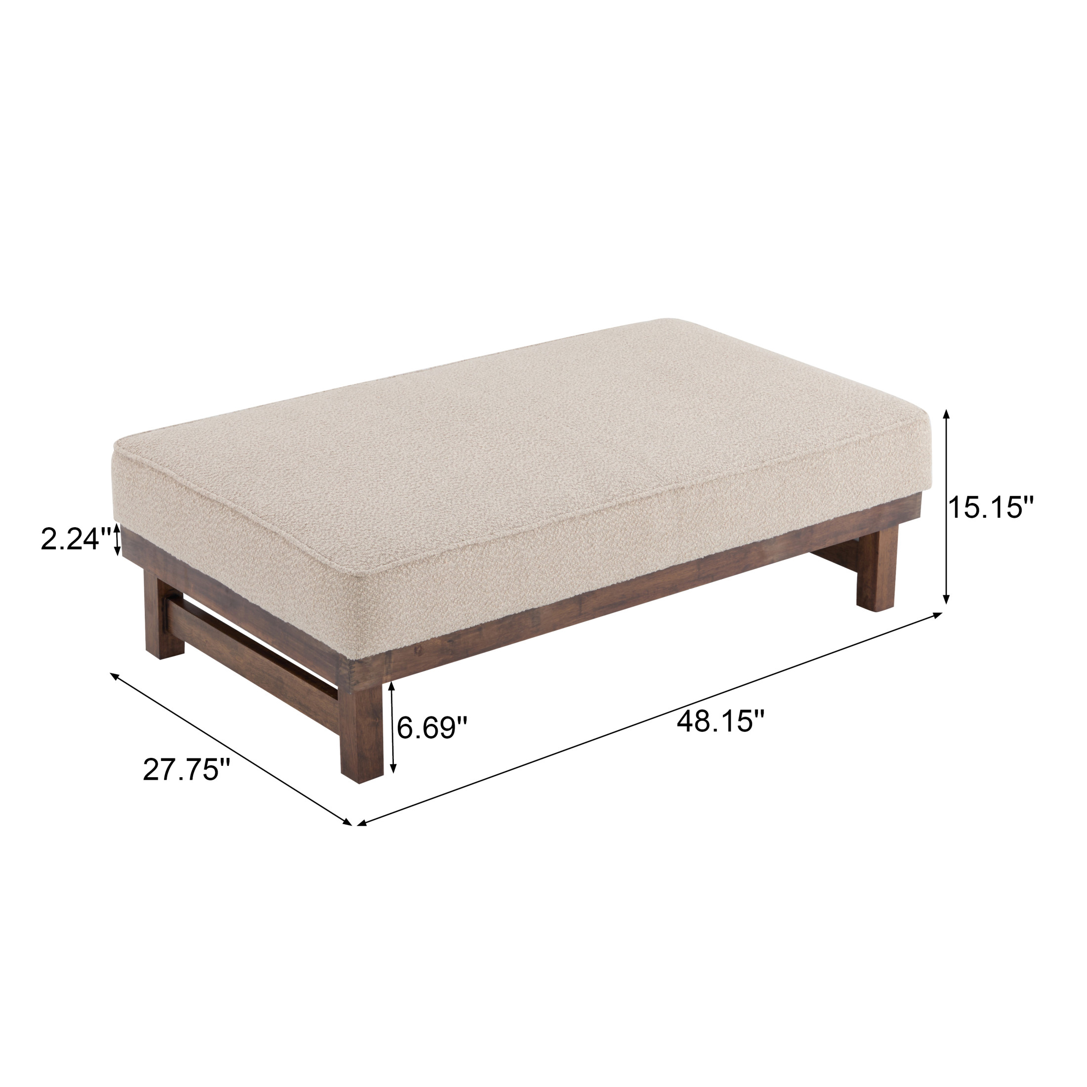Modern Boucle Upholstered Cocktail Ottoman with Rubber Wood Legs, Light Brown