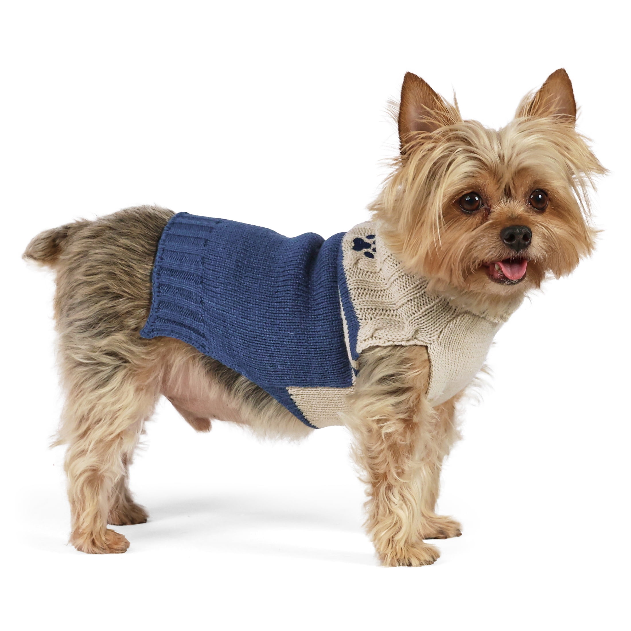Vibrant Life Cable Knit Sweater for Dogs and Cats, Paw Print, Cream and Navy, XS
