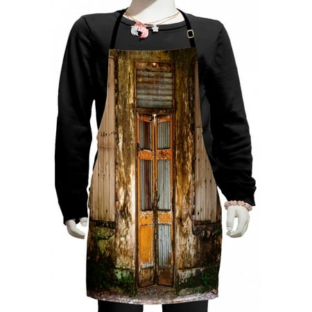 

Rustic Kids Apron Damaged Shabby House Boarded up and Rusty Doors Moldy Windows Photography Boys Girls Apron Bib with Adjustable Ties for Cooking Baking Painting Multicolor by Ambesonne