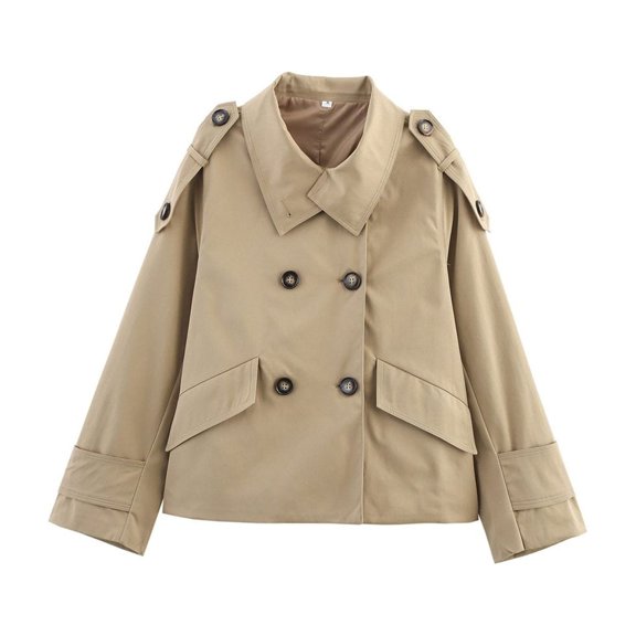 Female Short Trench Coat Oversized Double Breasted Stand Collar Cropped Jacket Fall Casual Work Outerwear Khaki L