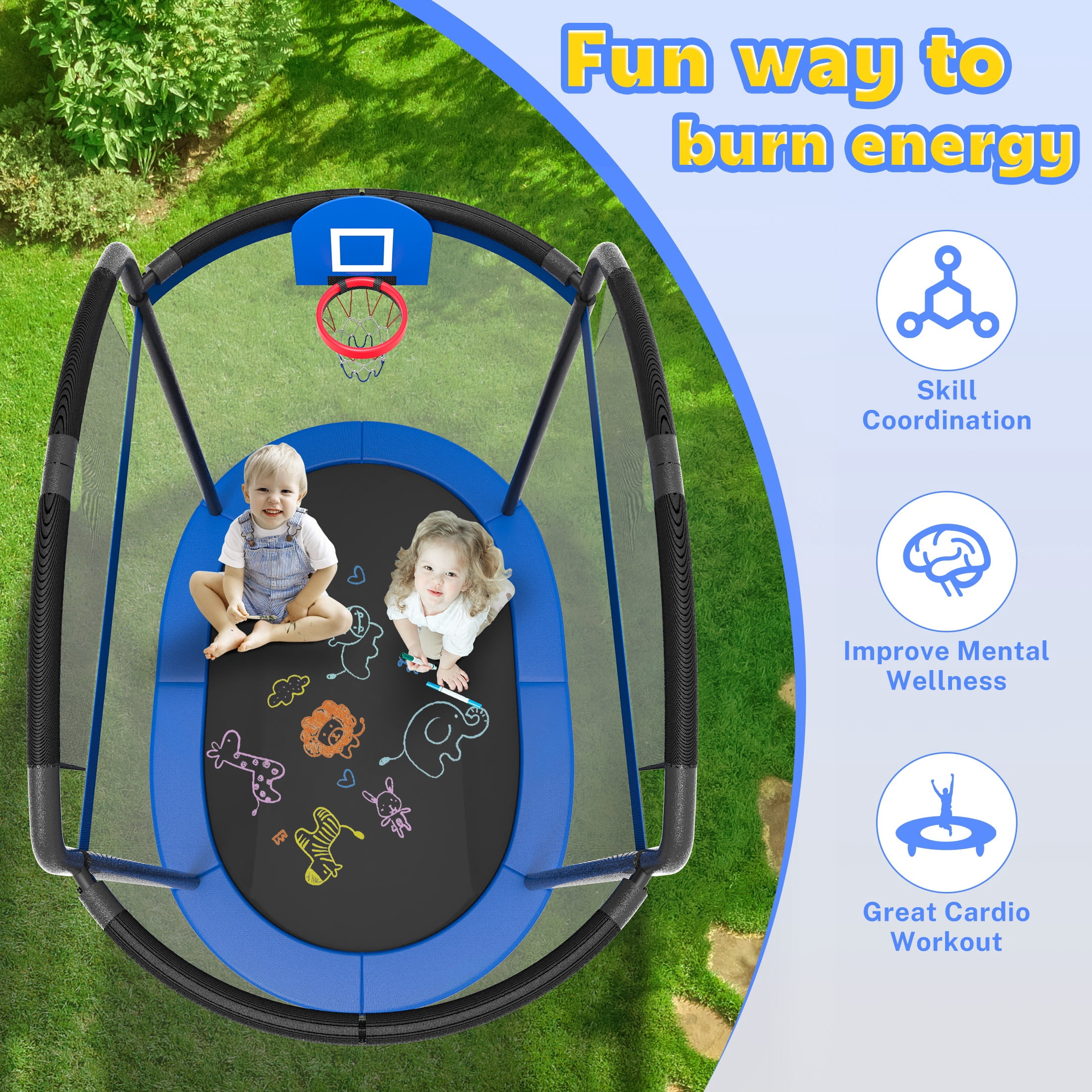 6Ft Toddler Trampoline for Kids with Enclosure, Shinpt Indoor & Outdoor Toddler Trampoline, Mini Trampoline for Boys & Girls Ages 3+, Small Trampoline with Basketball Hoop & No-Gap Safe Design