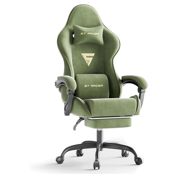 Fabric Ergonomic Gaming Chair with Footrest and Massage, High Back Reclining Computer Gamer Chair for Adult, Racing Style PC Video Game Chair Suitable for Home Office (Green)