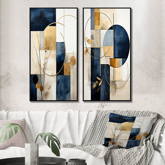 Designart "Navy Blue Organic Minimal Geometry II" Modern Geometric Framed Wall Art Set Of 2 - Modern Yellow Framed Canvas Set For Living Room Decor