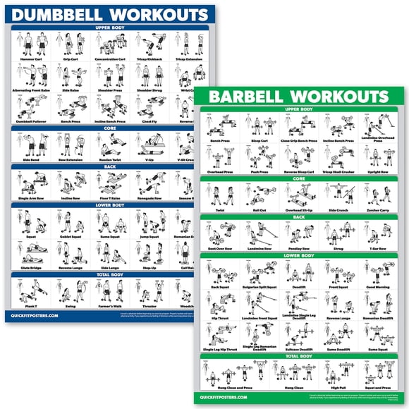 QUICKFIT Juego de pósteres de ejercicios con mancuernas y barra – Juego de 2 gráficos laminados – Rutina de ejercicios con mancuernas y entrenamientos con barra (18.0 x 27.1 in)