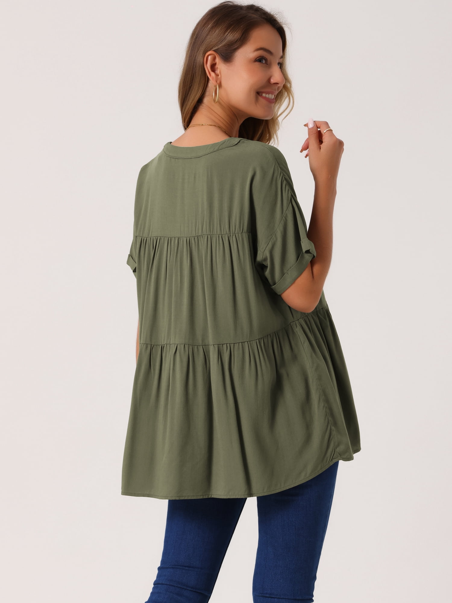 DARING DIVA Women's Babydoll Casual V Neck Short Sleeve Peplum Blouse L Army Green