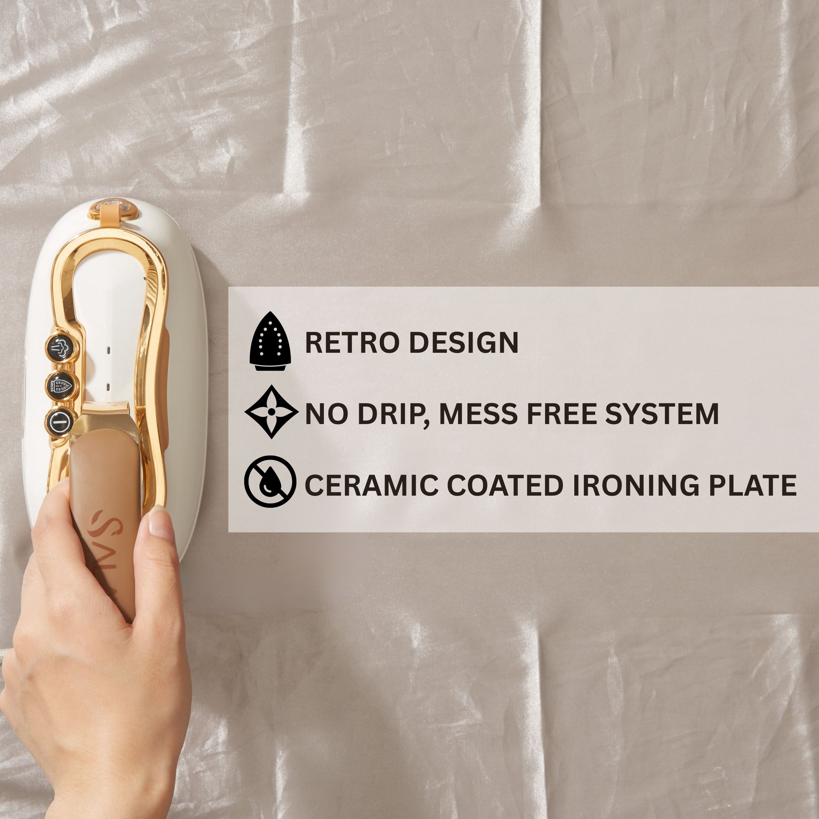 SALAV® Retro Edition Duopress Steamer and Iron with Ceramic Coated Plate, Pearl