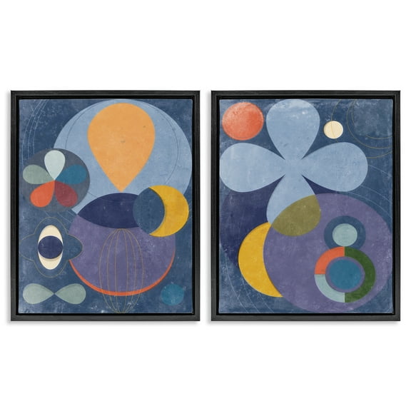 Stupell Industries Retro Mixed Shapes Abstract Painting Black Floater Framed Canvas Art Print Wall Art, 17 x 21, Set of 2