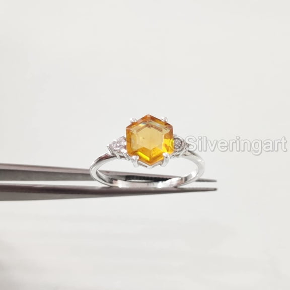 Hexagon Citrine Ring, 925 Sterling Silver, Women Ring, Natural Citrine, November Birthstone, Christmas, Thanksgiving, Tiny Dainty Ring, CZ Ring, Handmade, Statement Jewelry, Wedding, Anniversary Gift