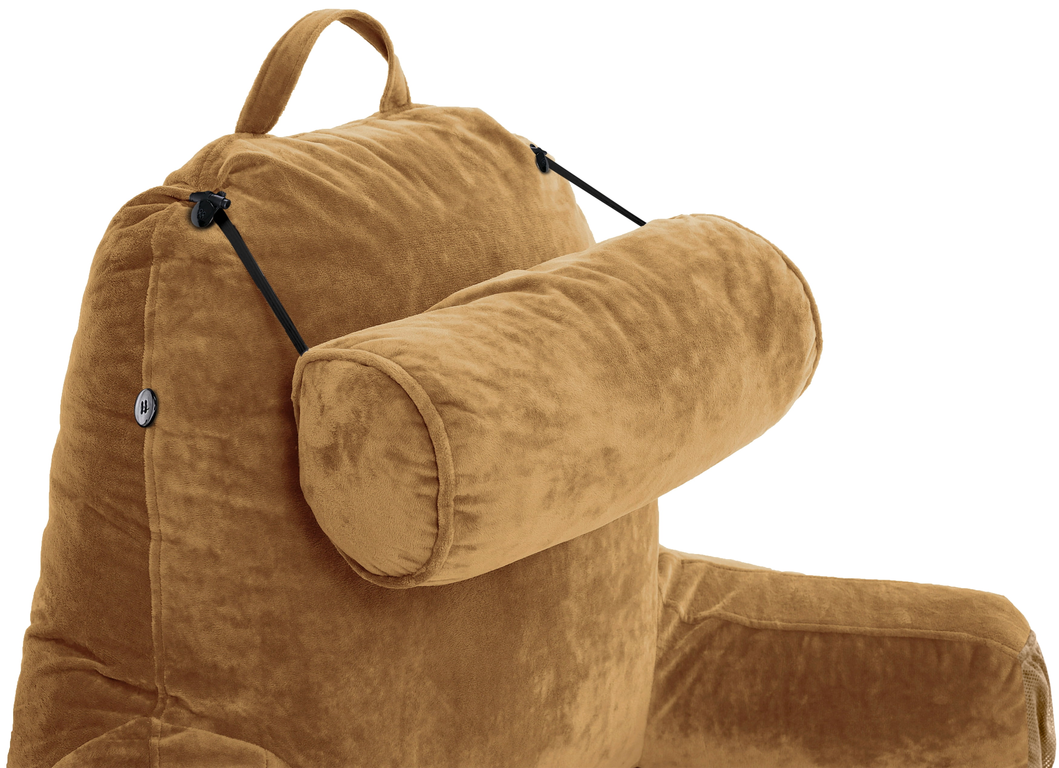 Husband Pillow Medium Tan, Backrest for Kids, Teens, Petite Adults - Reading Pillows With Arms, Adjustable Loft, Plush Memory Foam, Bed Rest Chair for Sitting Up, Detach Neck Roll, Removable Cover