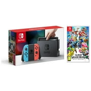 Nintendo Switch Console with Neon Blue and Red Joycon Controllers and Super Smash Brothers Ultimate