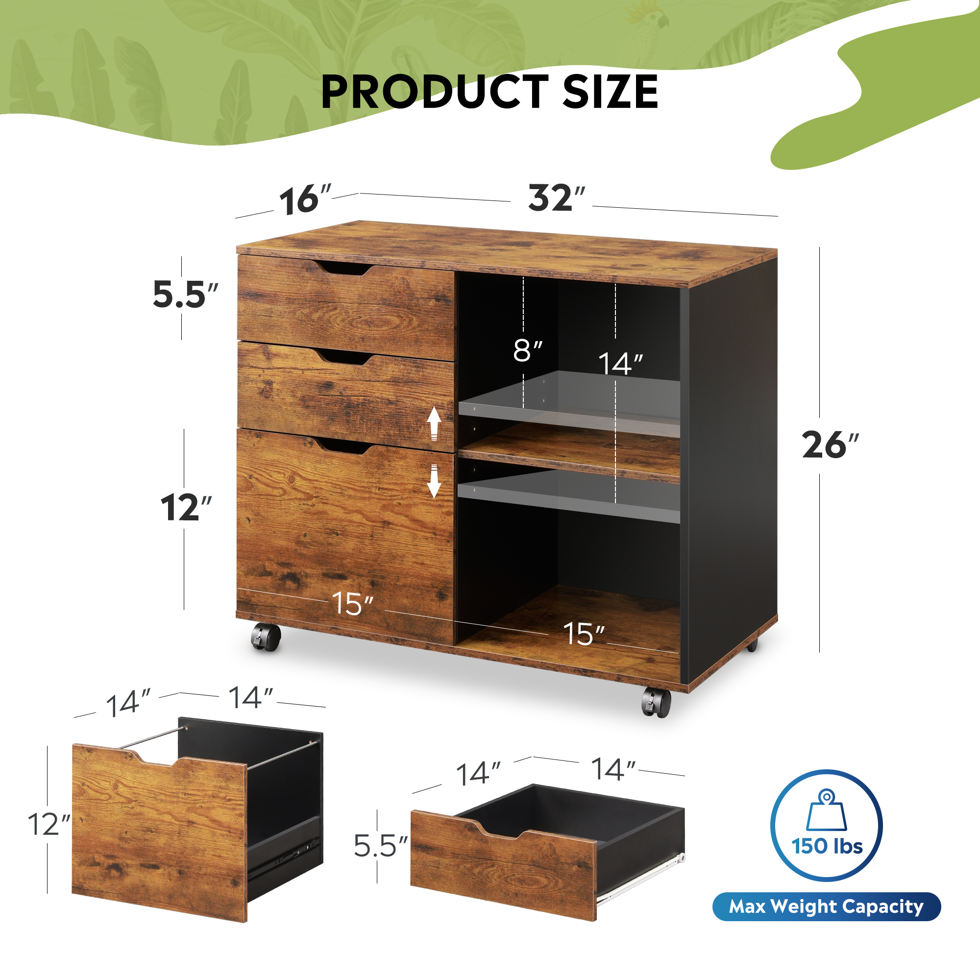 GALAXHERO 3 Drawer File Cabinet, Mobile Printer Stand with Storage Shelves, Wood Lateral Filing Cabinet, Office Storage Cabinet for Home Office, Rustic Brown
