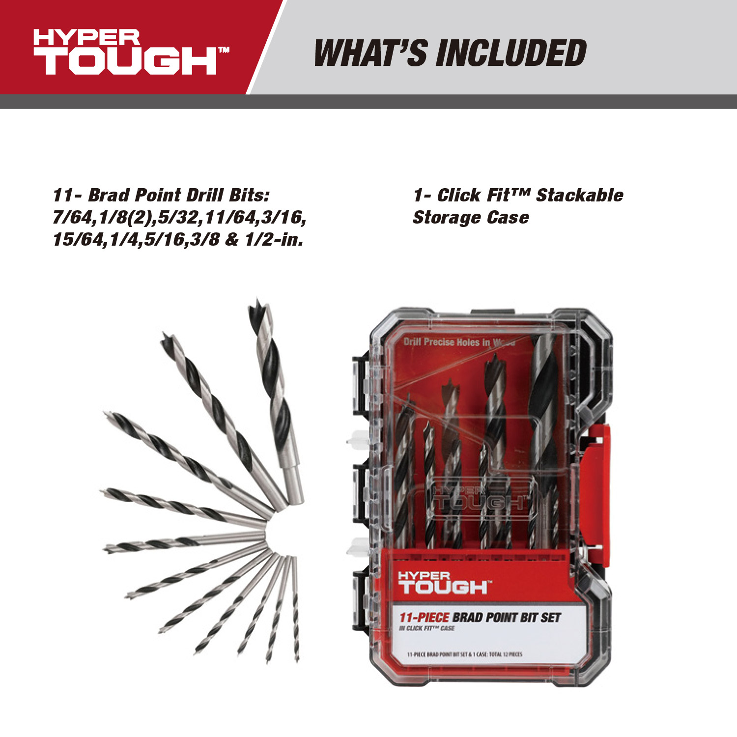 Juego de 11 brocas de punta de lanza Hyper Tough en estuche Click Fit 3