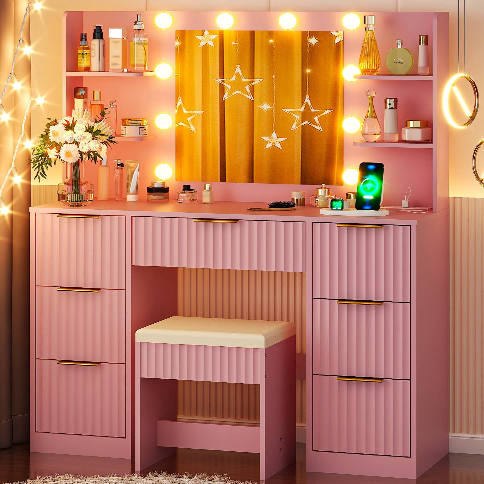 Ktaxon Makeup Vanity Set with 3 Color Lighted Mirror & Charging Station, Dressing Table w/ 7 Drawers for Femal Gift, Pink