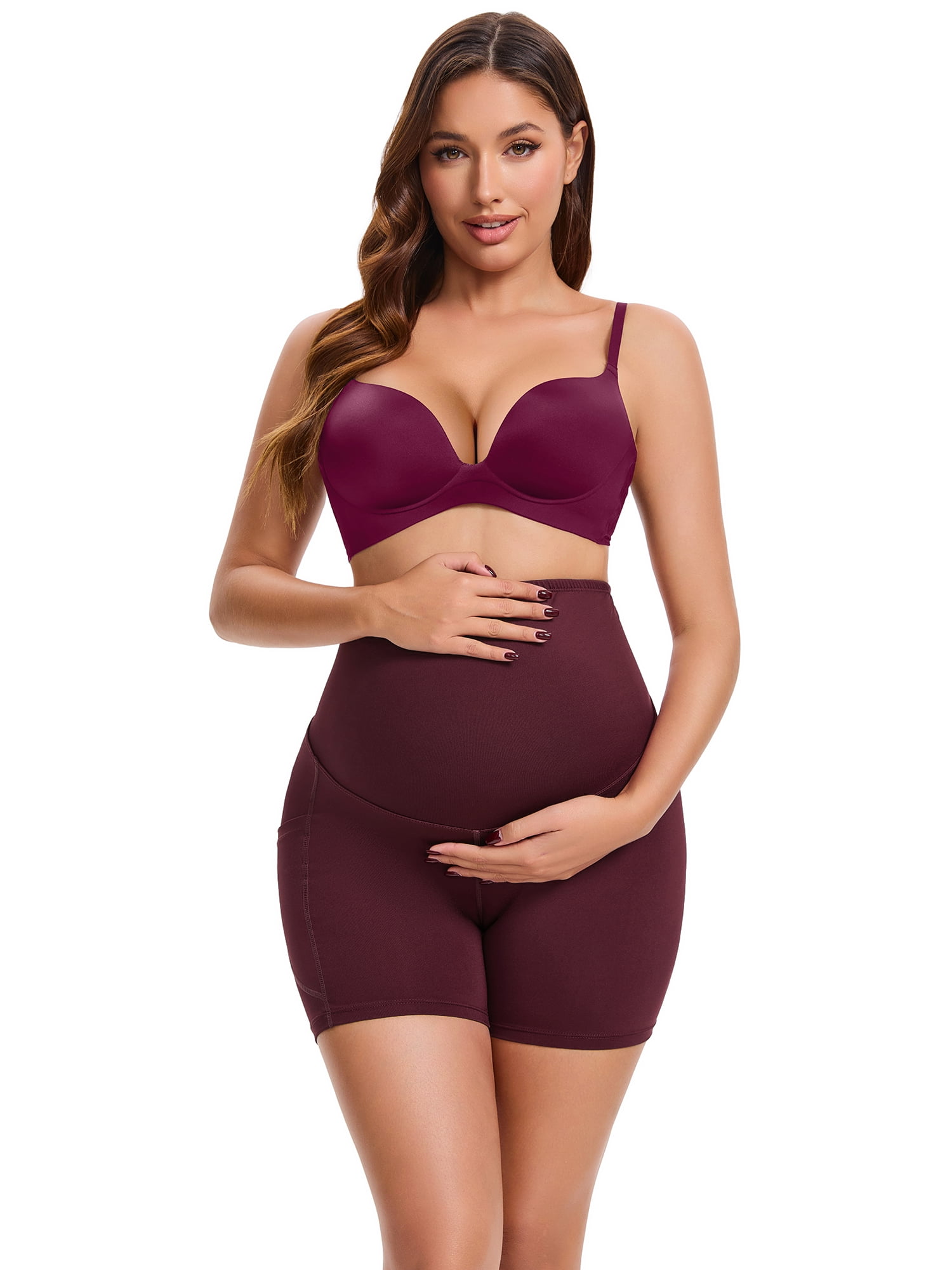 DARING DIVA Women's Maternity Mid Thigh Belly Support High Waist Shorts S Red
