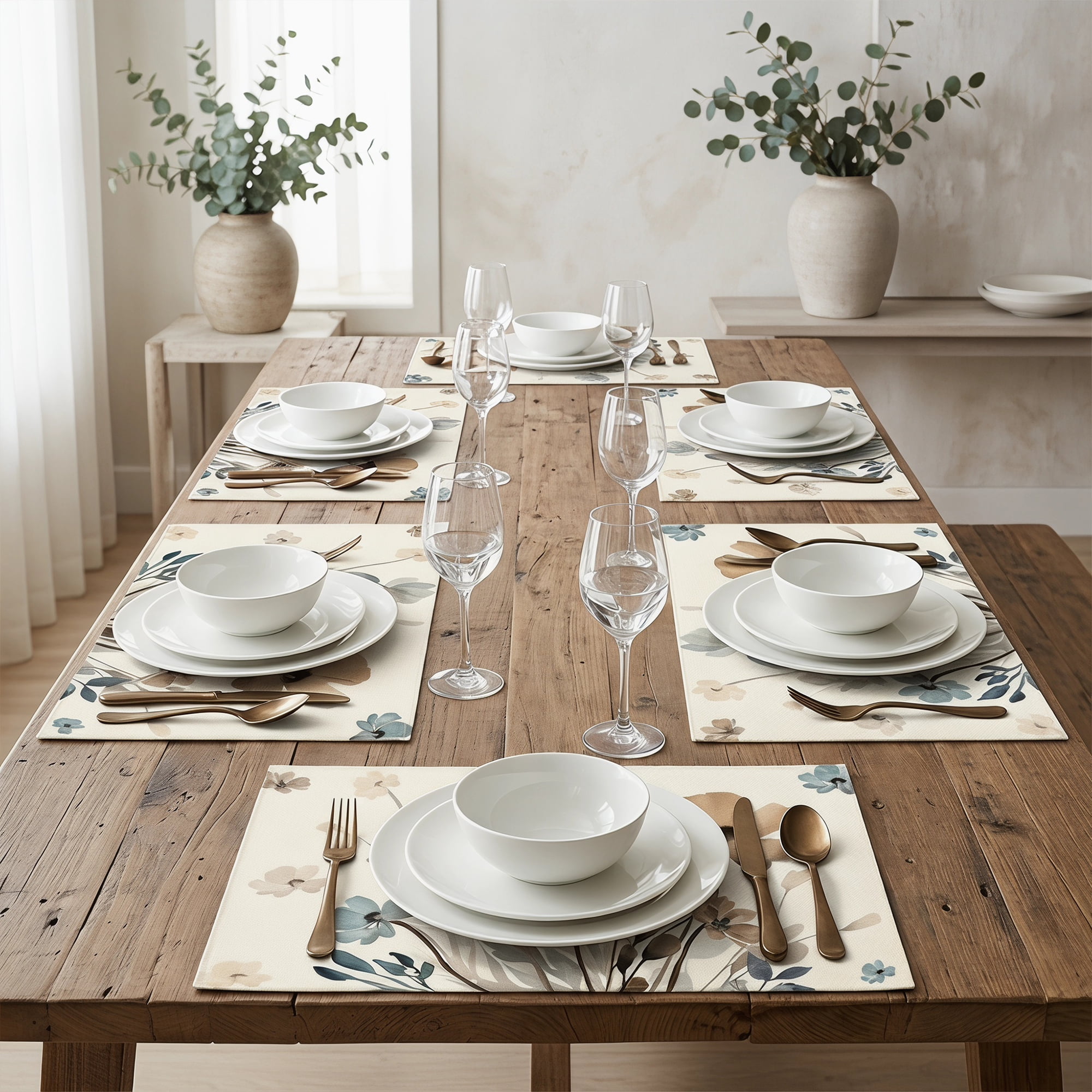 Unique Bargains Durable Farmhouse Placemats Set of 6 Linen Placemats Flowers A 18*12in