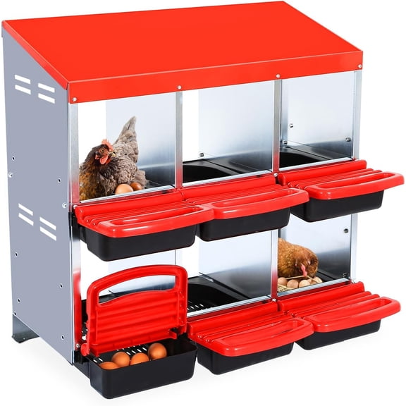 Chicken Nesting Box,6 Hole Laying Boxes for Hens, Metal Roll Away Nesting Box with Removable Tray & Lid Cover for Chickens Laying Egg to Protect Eggs,Cleanable Pull Out Hen Roosting Boxes