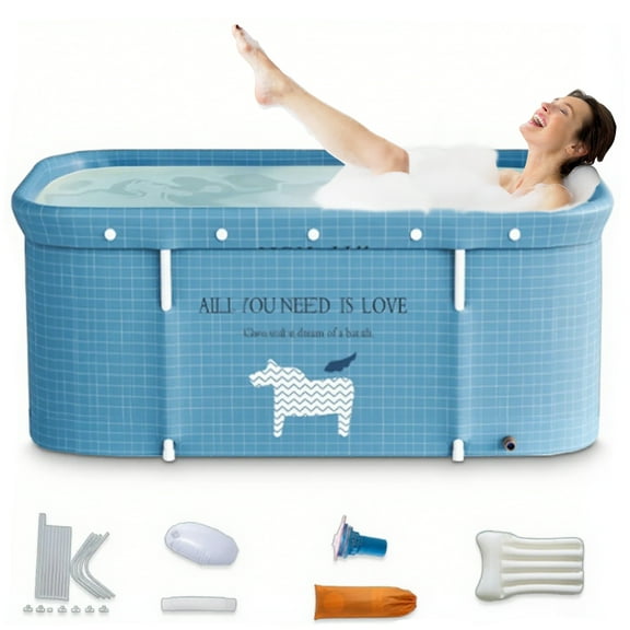 47in Large Portable Folding Bathtub, Hot & Cold Soaking Bath tub, Blue Unicorn(SolarSoda)
