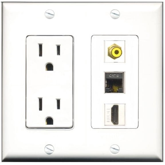 RiteAV - 15 Amp Power Outlet 1 Port HDMI 1 Port RCA Yellow 1 Port Shielded Cat6 Ethernet Ethernet Decorative Wall Plate