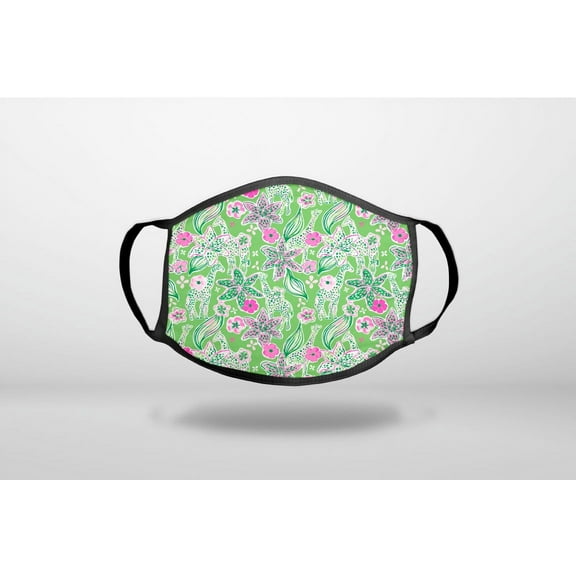 Preppy Pattern - Pink & Green Flowers Floral - 3-Ply Reusable Soft Cloth Face Covering, Unisex, Cotton Inner Layer