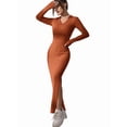 thumbnail image 4 of Women'S Casual Long Sleeve Collar V Neck Maxi Sweater Dress Slit Thigh Ribbed Knit Bodycon Pencil Dresses Red-Brown XL, 4 of 9