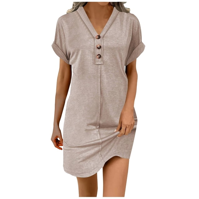 Dresses for Women Fashionable All Buckle Neck Cold Shoulder Ruffled Sleeve Solid Color Womens Dress Khaki M