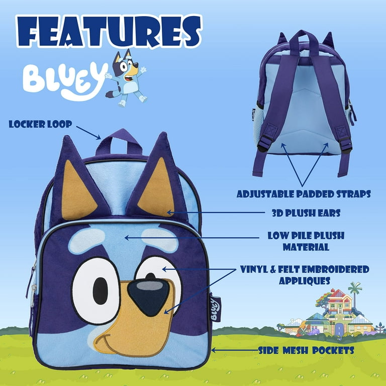 Bluey Backpack for Girls & Boys for Kindergarten & Elementary School, 12 inch, Plush with 3D Ears & Appliques, Adjustable Straps & Padded Back