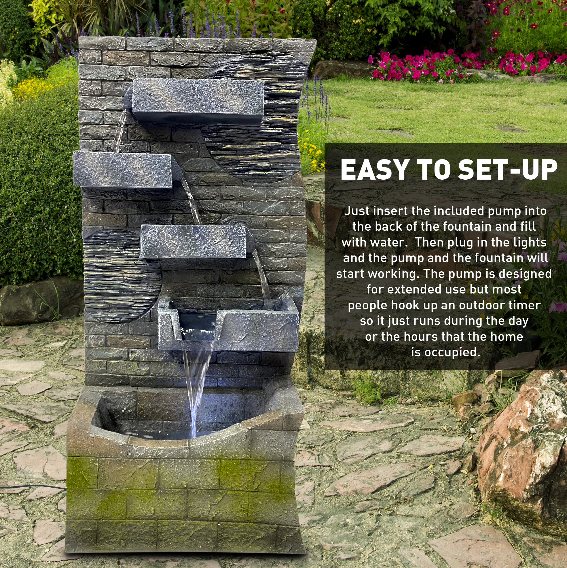 4 Tier Rock Water Fountain with LED Light Made from Fiberglass Resin - Outdoor Or Indoor, Large 40” Tall X 20” Wide, Grey