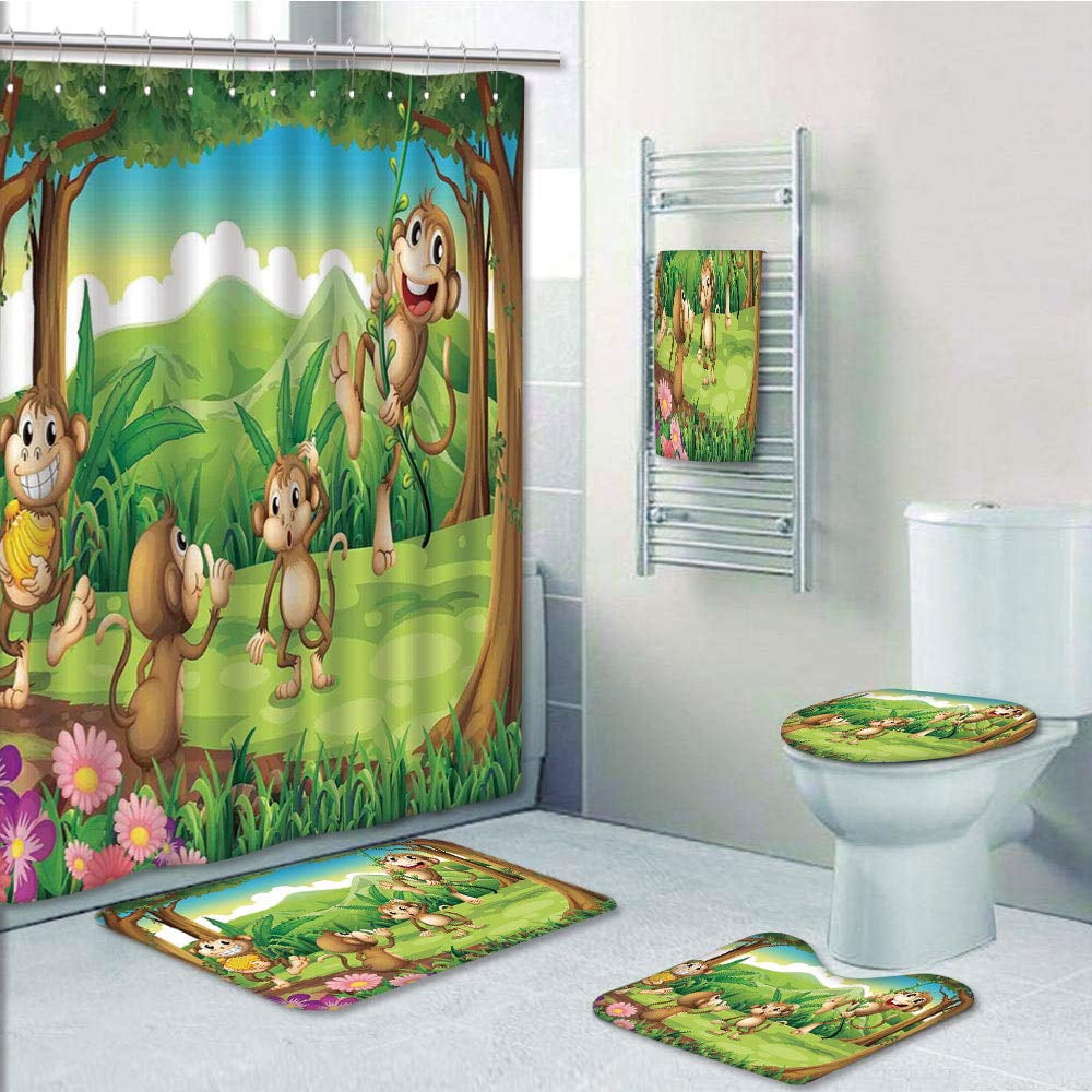Cute Cartoon Monkey Shower Curtain Bath Mat Toilet Cover Rug Cute Cartoon Monkey Shower Curtain Bath Mat Toilet Cover Rug