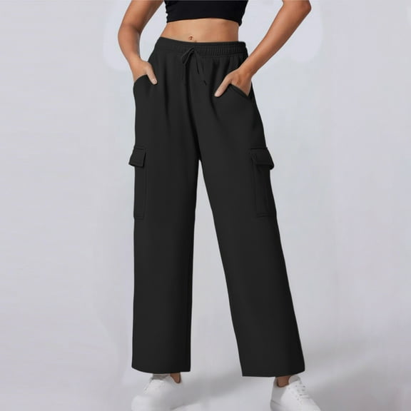 ITSAME Cargo Pants for Womens, Elastic Waist Wide Leg Loose Fit Casual Pull-On Trousers with Pockets Black M