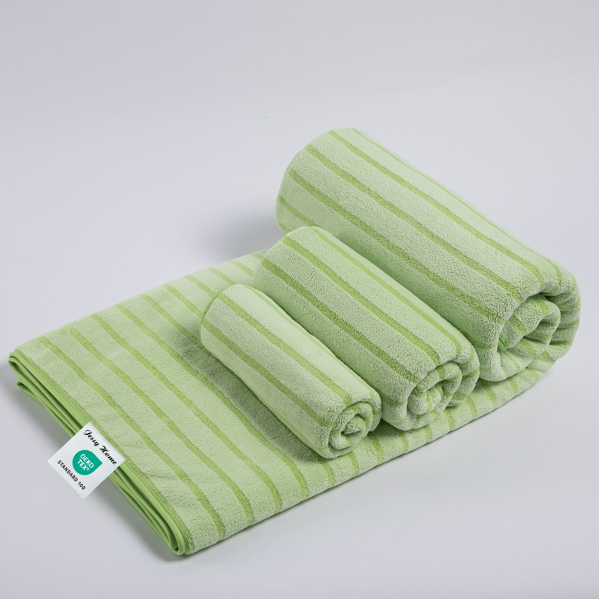 Jessy Home 8 Pcs Apple Green Bicolor bar Stripe Large Bath Towels Set 2 Oversized Bathroom Towels, 2 Hand Towels, 4 Washcloths