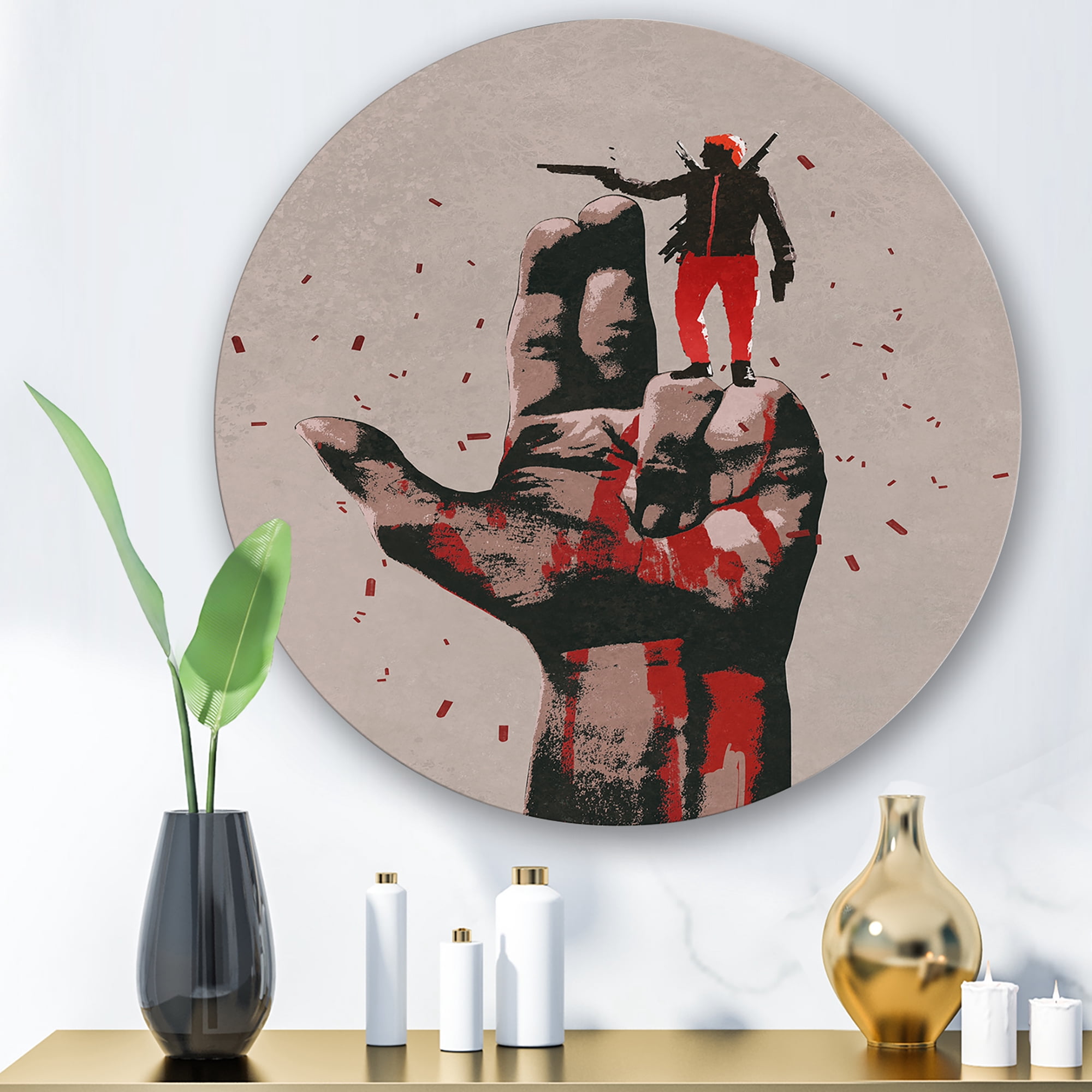 Designart 'Gun Hand Sign With Man Shooting Gun' Modern Circle Metal Wall Art 11x11 - Disc of 11