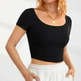 thumbnail image 2 of Short Sleeve Crewneck Top Women Fashionable Elegant Slim Fit Pure Color Rib Knit Shirt for Office Work, 2 of 7
